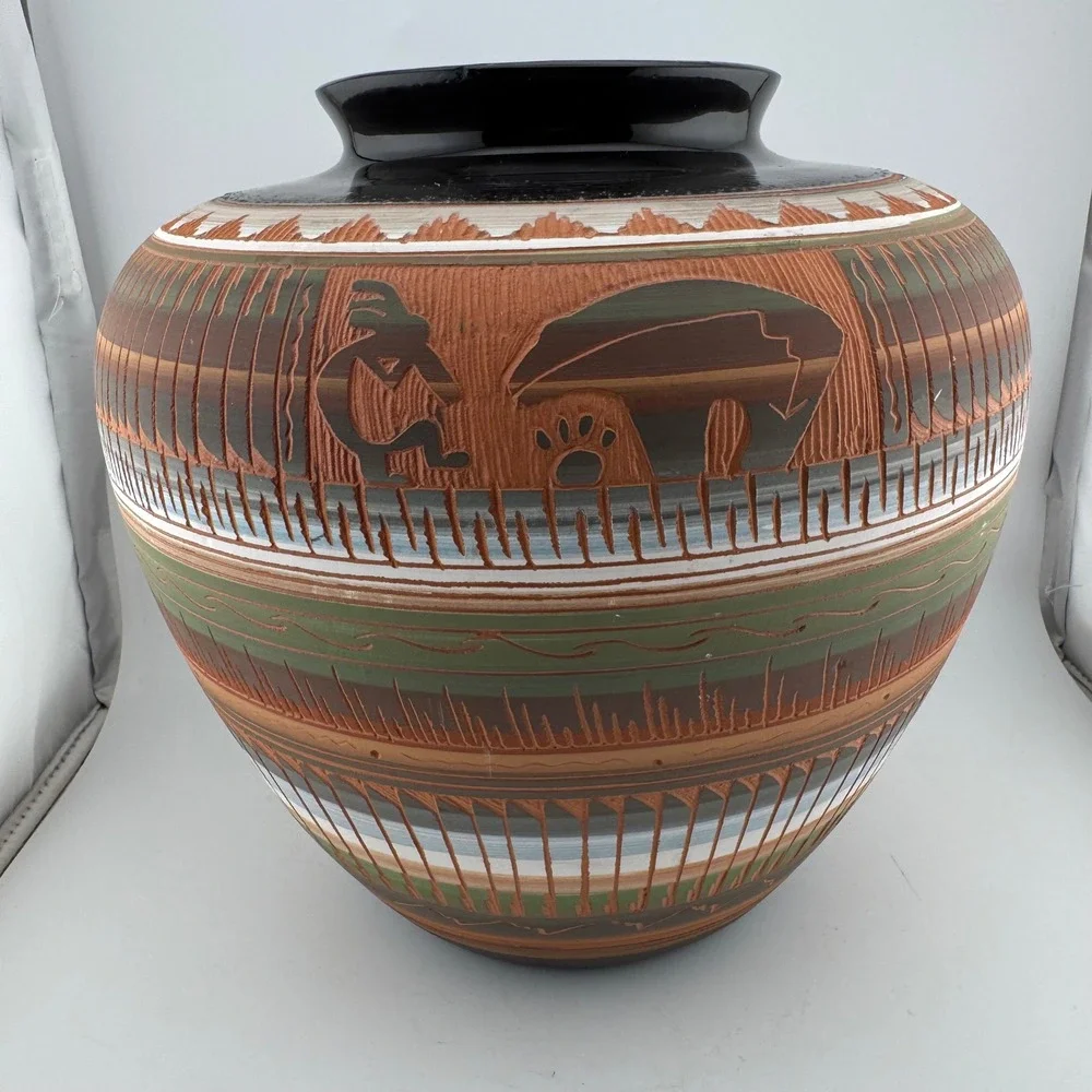 Laura Bahe Navajo Pottery Vase Large Multi Kokopelli Bear Excellent Etched Art
